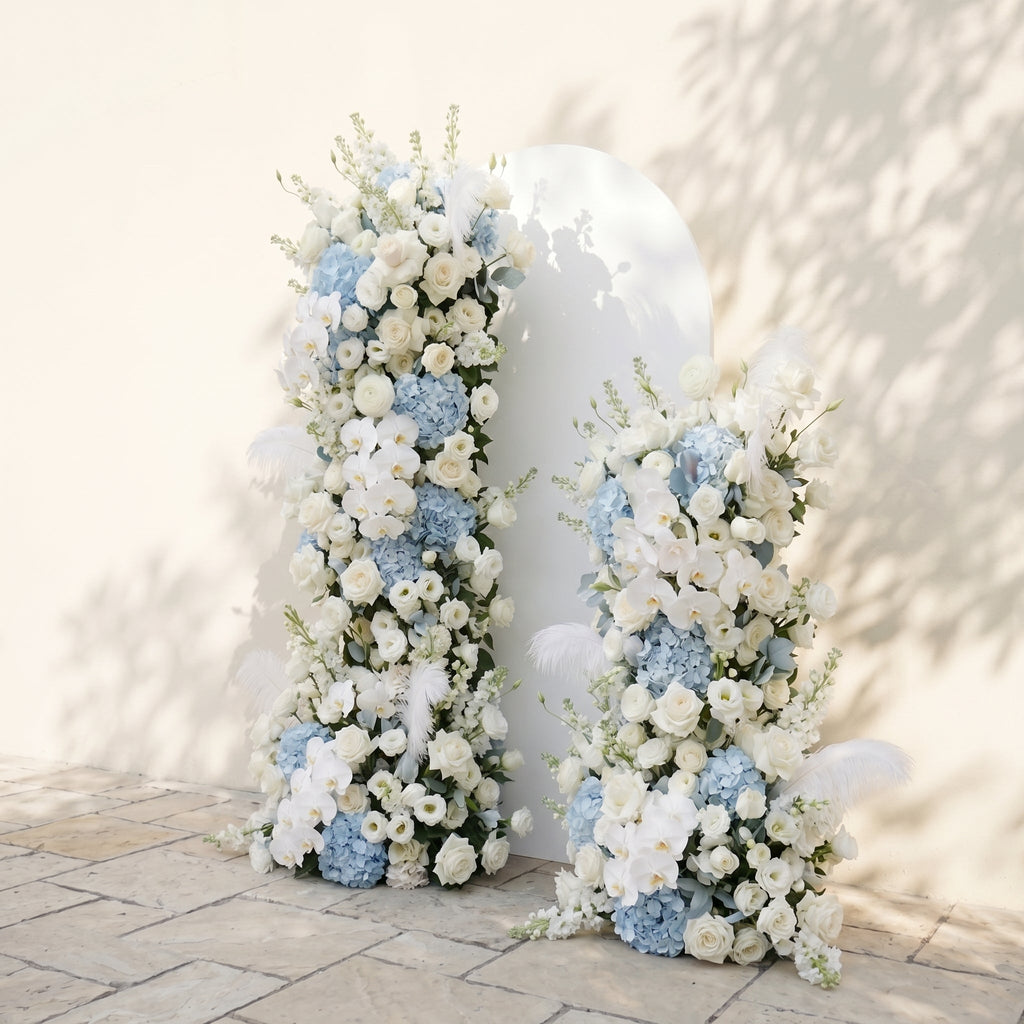 Sky Blue Hydrangea White Orchid Rose Wedding Backdrop(Excludes Frame)+Amo Long strip flower Runner | Wedding Floral Decor
