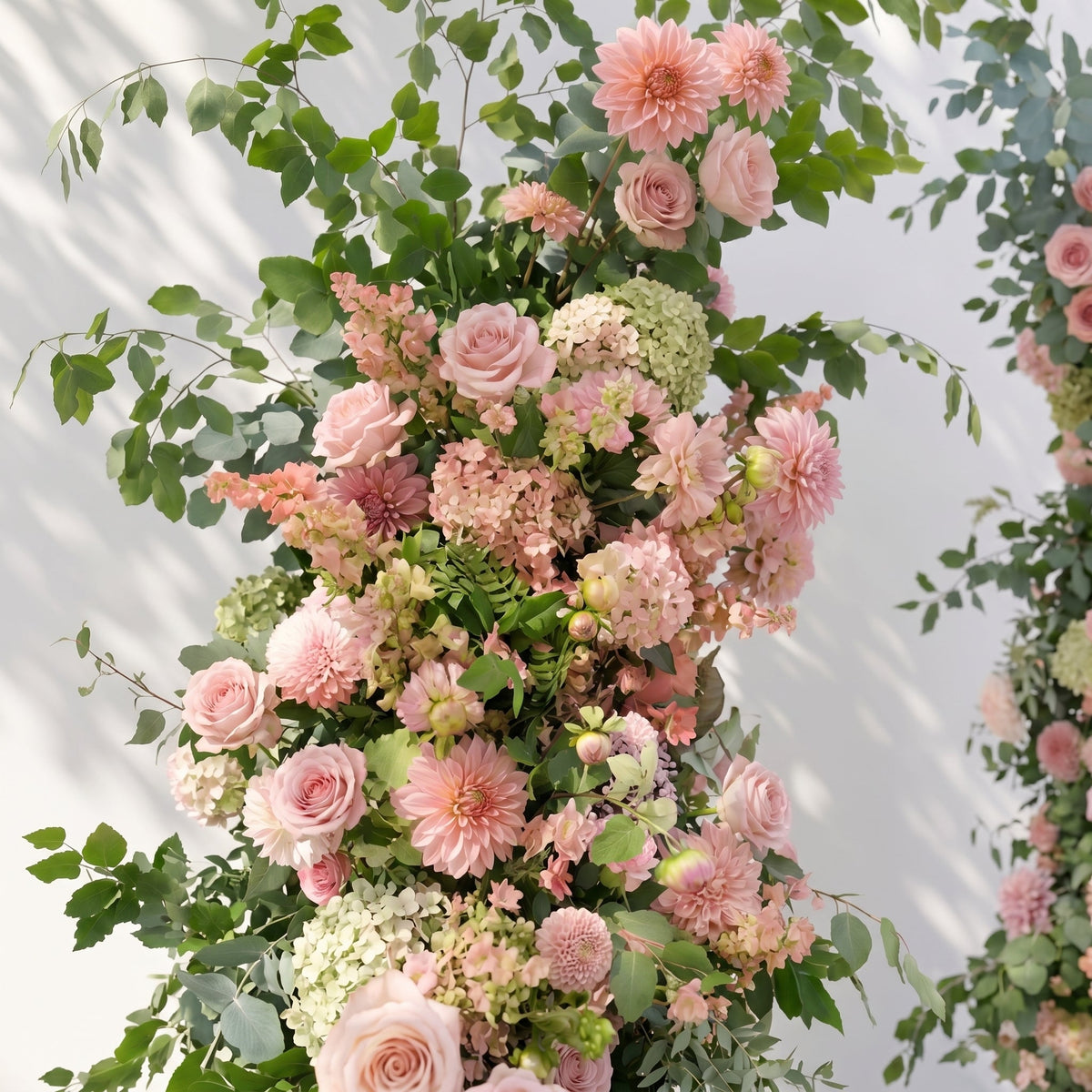 Norenavia: Luxury Blush Pink & Soft Peach Floral Horn Arch Arrangement with Cascading Lush Greenery for Romantic Outdoor Garden Wedding & Ceremony Event Decor Frame Included