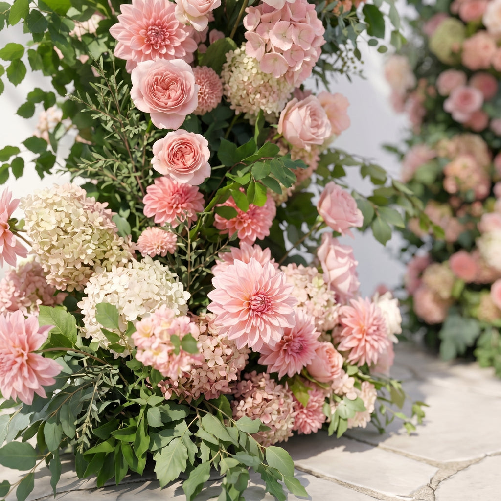 Norenavia: Luxury Blush Pink & Soft Peach Floral Horn Arch Arrangement with Cascading Lush Greenery for Romantic Outdoor Garden Wedding & Ceremony Event Decor Frame Included