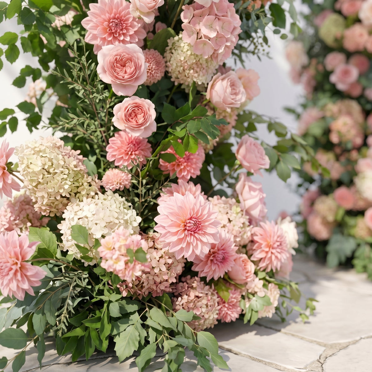 Norenavia: Luxury Blush Pink & Soft Peach Floral Horn Arch Arrangement with Cascading Lush Greenery for Romantic Outdoor Garden Wedding & Ceremony Event Decor Frame Included