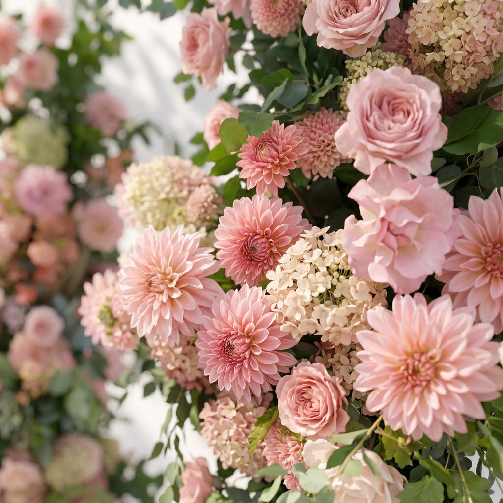 Norenavia: Luxury Blush Pink & Soft Peach Floral Horn Arch Arrangement with Cascading Lush Greenery for Romantic Outdoor Garden Wedding & Ceremony Event Decor Frame Included