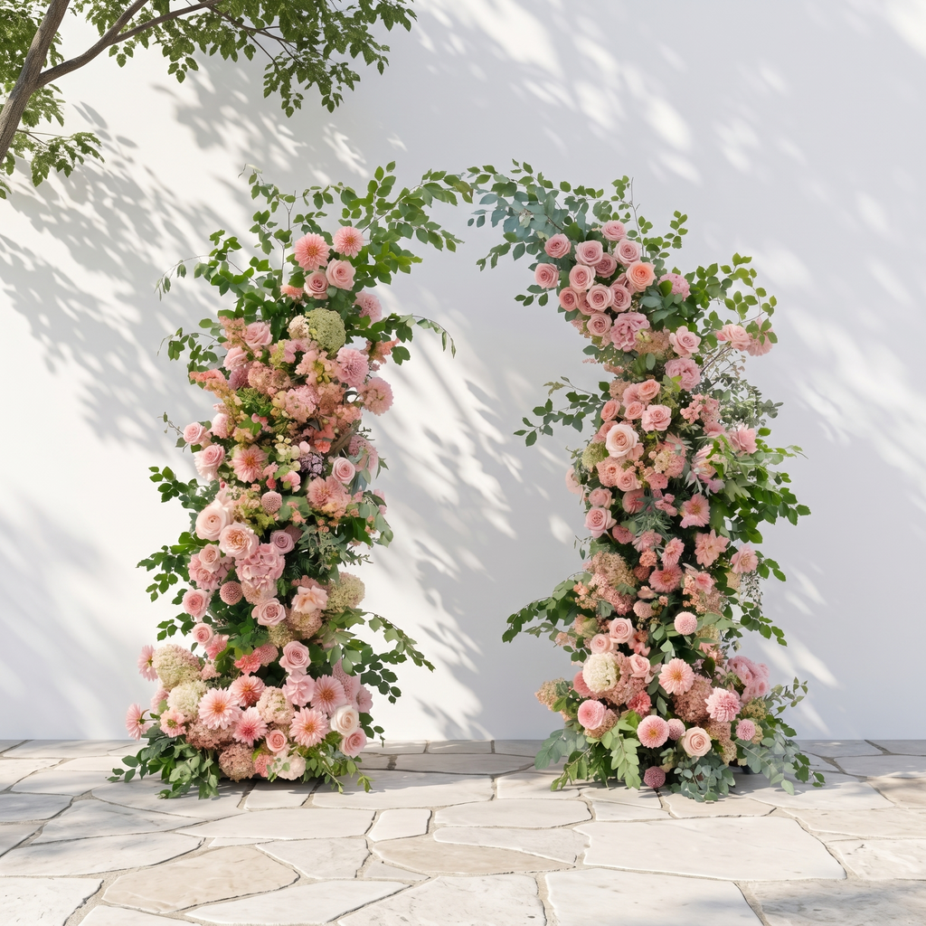 Norenavia: Luxury Blush Pink & Soft Peach Floral Horn Arch Arrangement with Cascading Lush Greenery for Romantic Outdoor Garden Wedding & Ceremony Event Decor Frame Included