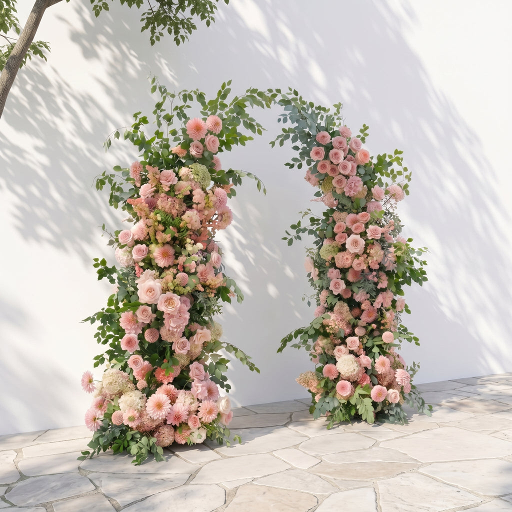 Norenavia: Luxury Blush Pink & Soft Peach Floral Horn Arch Arrangement with Cascading Lush Greenery for Romantic Outdoor Garden Wedding & Ceremony Event Decor Frame Included
