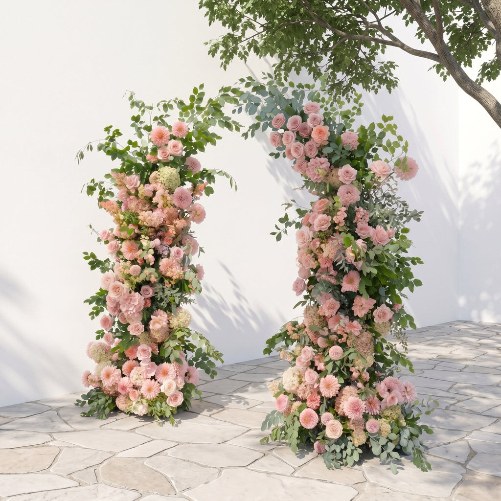 Norenavia: Luxury Blush Pink & Soft Peach Floral Horn Arch Arrangement with Cascading Lush Greenery for Romantic Outdoor Garden Wedding & Ceremony Event Decor Frame Included