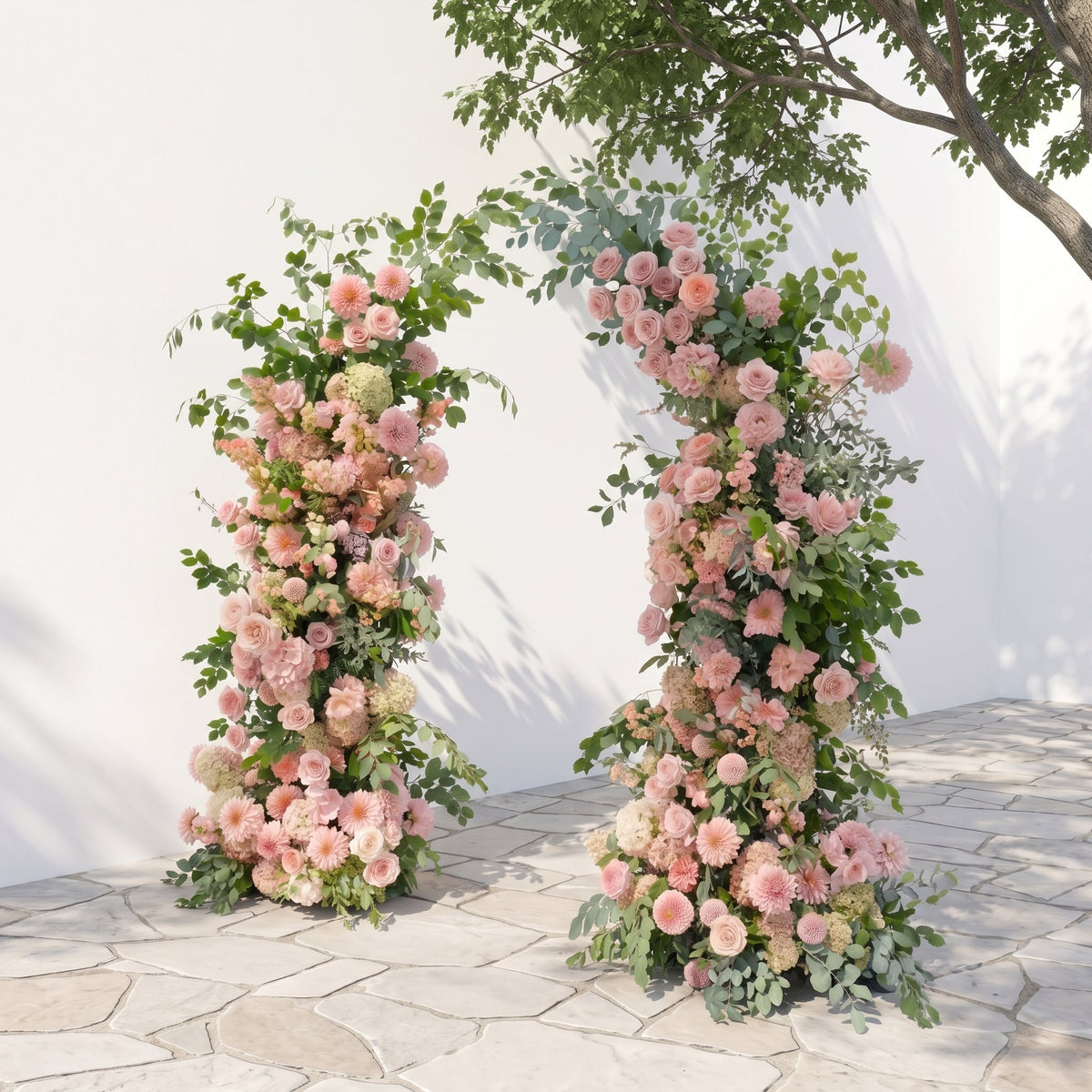 Norenavia: Luxury Blush Pink & Soft Peach Floral Horn Arch Arrangement with Cascading Lush Greenery for Romantic Outdoor Garden Wedding & Ceremony Event Decor Frame Included