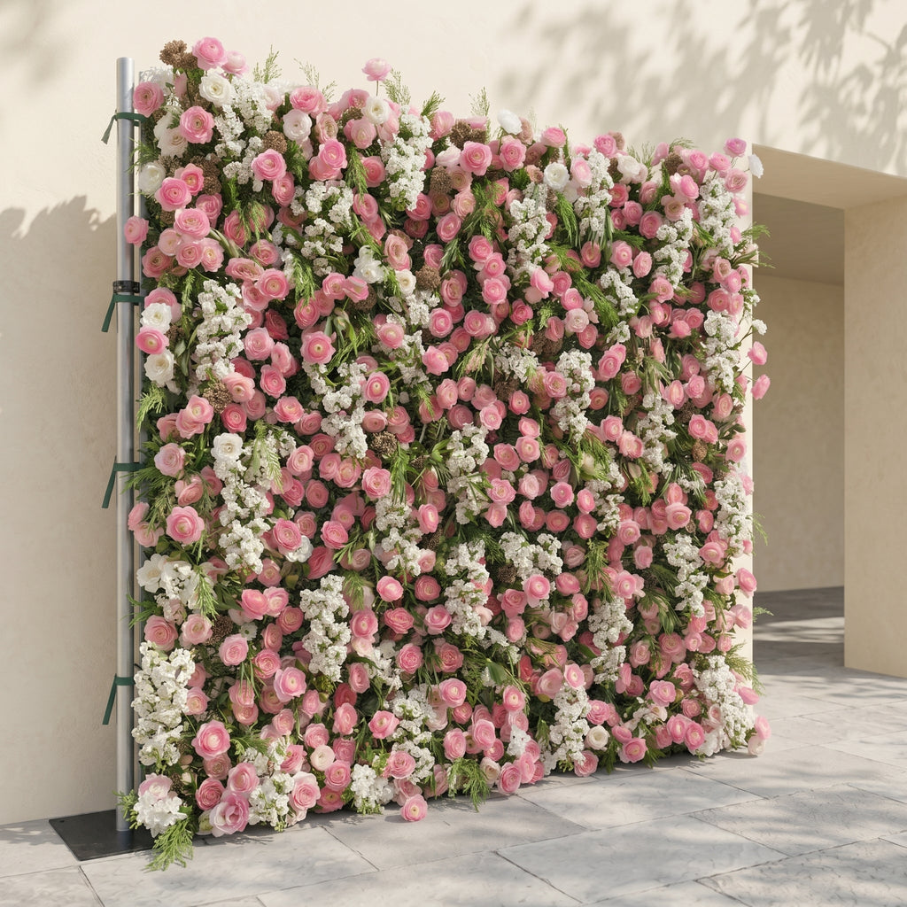 Norenina:5D Soft Blush Pink & Ivory White Silk Rose Flower Wall Roll-Up Fabric Backdrop for Romantic Weddings & Proposals Free Shipping