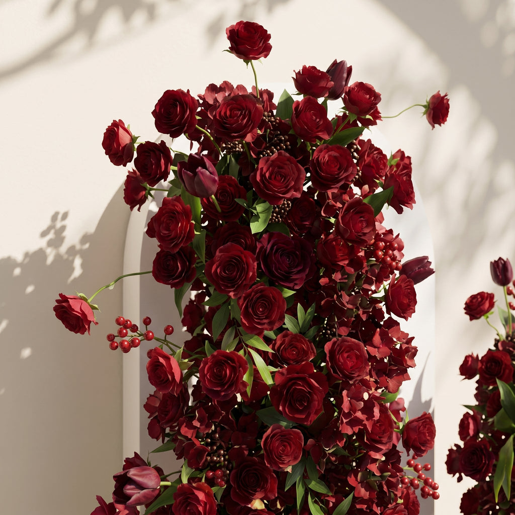 Sorrel: Red Calla Wedding Background Arch KT Backdrop +Red Lucia Flower Runner | Wedding Floral Decor