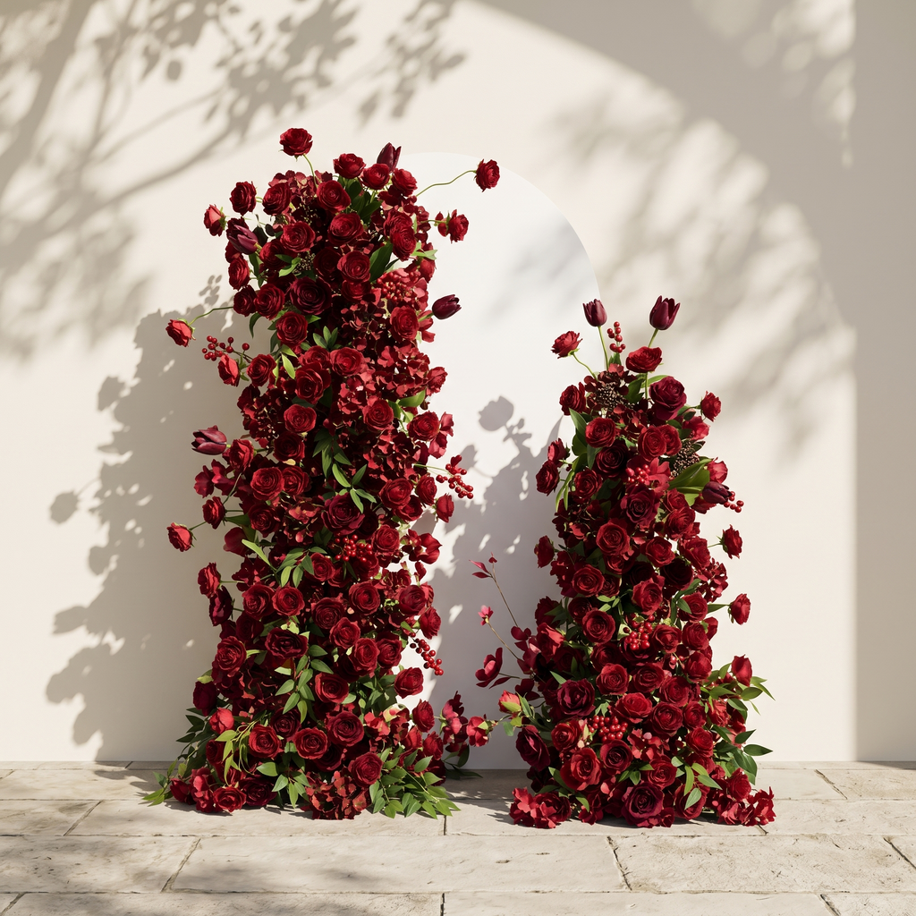 Sorrel: Red Calla Wedding Background Arch KT Backdrop +Red Lucia Flower Runner | Wedding Floral Decor