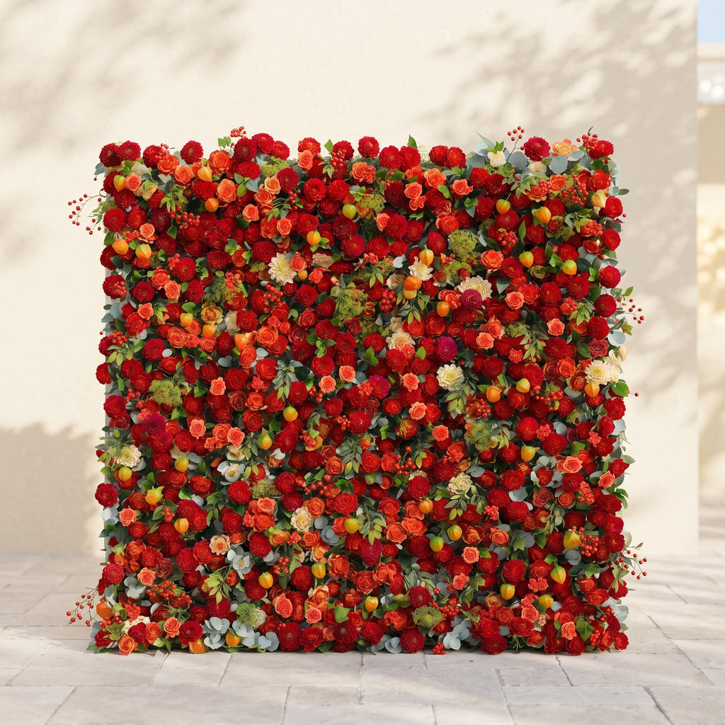 Novara: Luxury 5D Crimson Red & Vibrant Orange Silk Floral Wall Backdrop with Berry Accents for Autumn Weddings Free Shipping