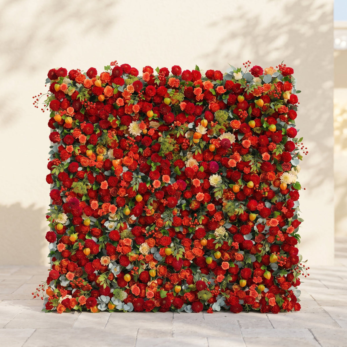 Novara: Luxury 5D Crimson Red & Vibrant Orange Silk Floral Wall Backdrop with Berry Accents for Autumn Weddings Free Shipping