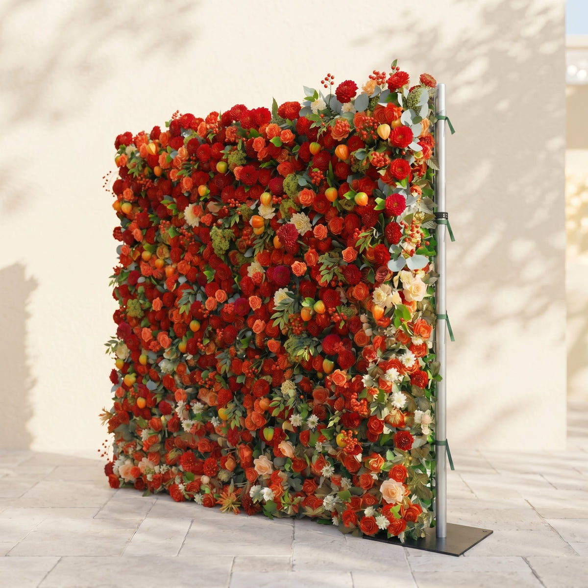 Novara: Luxury 5D Crimson Red & Vibrant Orange Silk Floral Wall Backdrop with Berry Accents for Autumn Weddings Free Shipping