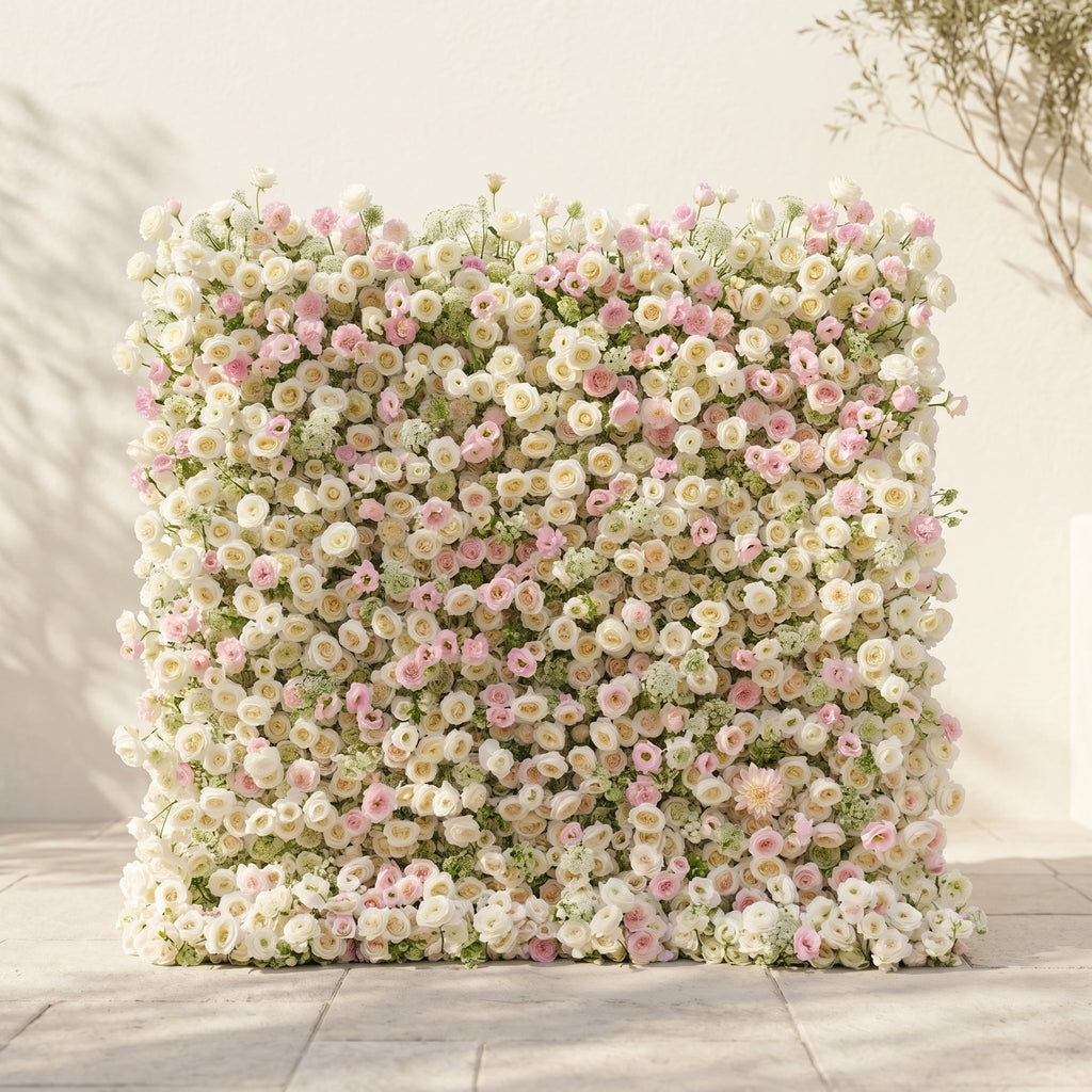 Pearlnora: Luxury 5D Pearl White & Blush Pink Silk Floral Wall Roll-Up Backdrop for Elegant Minimalist Weddings Free Shipping
