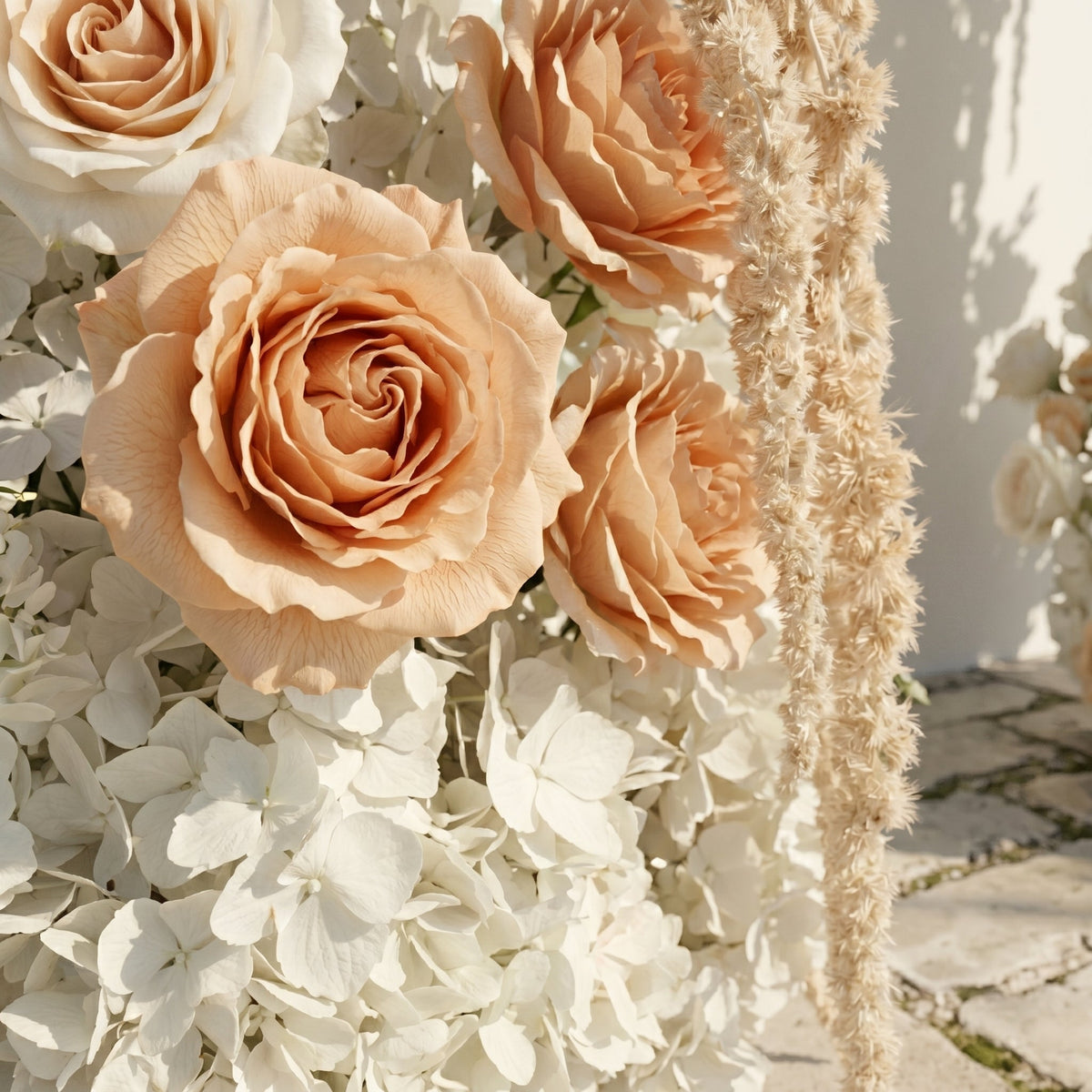 Pearlraya: Luxury Ivory White & Warm Champagne Floral Ground Horn Arch Backdrop Decor Frame Included | Ceremony & Event Decor