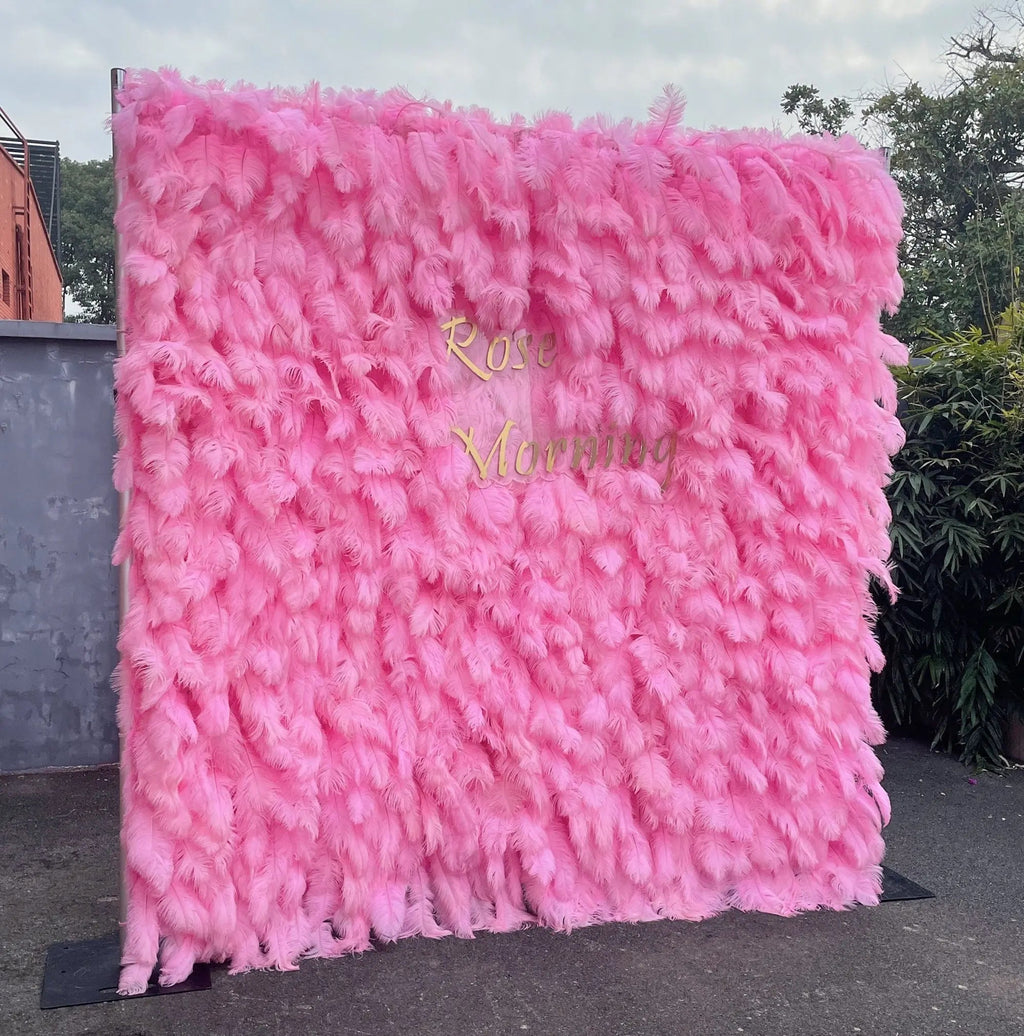 Pink Feather：5D Fabric Artificial rolling up curtain flower wall Free Shipping