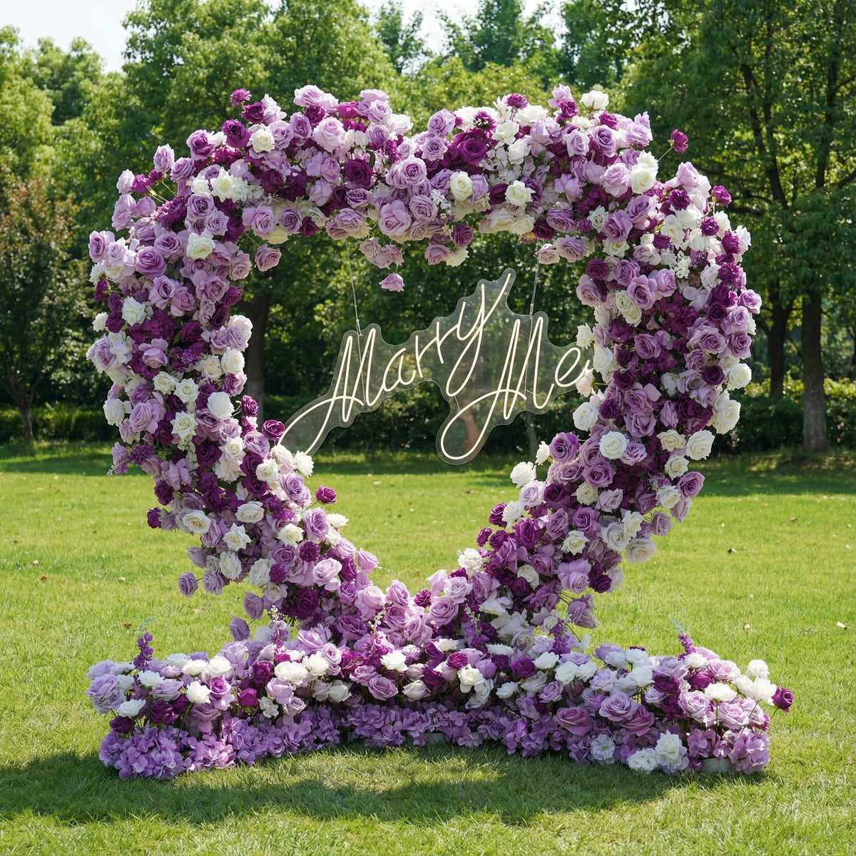 Valar Flowers Heart-Shaped Purple & White Floral Arch with Optional Marry Me LED Sign-VA-367 | Wedding & Celebration Collection