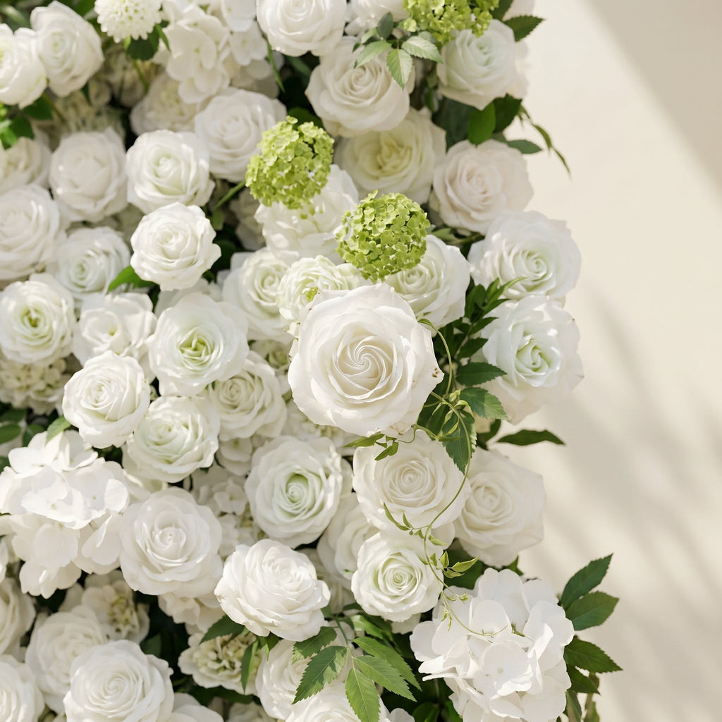 Raellyra:5D Soft Green & Ivory White Silk Rose Flower Wall Roll-Up Fabric Backdrop for Romantic Weddings & Proposals Free Shipping