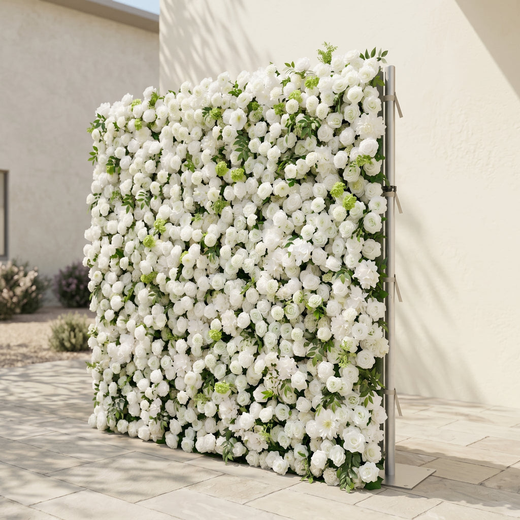 Raellyra:5D Soft Green & Ivory White Silk Rose Flower Wall Roll-Up Fabric Backdrop for Romantic Weddings & Proposals Free Shipping