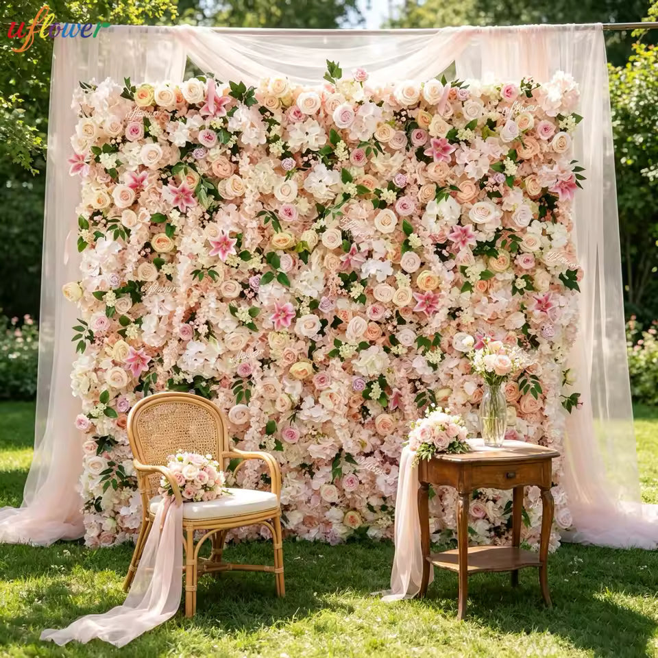 Uflower Pink Rose Peony Orchid Rolling Up Cloth Curtain Flower Wall Event Party Wedding Backdrop Decor Milan Turf Fabric Wall