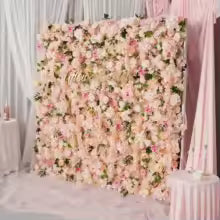 Uflower Pink Rose Peony Orchid Rolling Up Cloth Curtain Flower Wall Event Party Wedding Backdrop Decor Milan Turf Fabric Wall