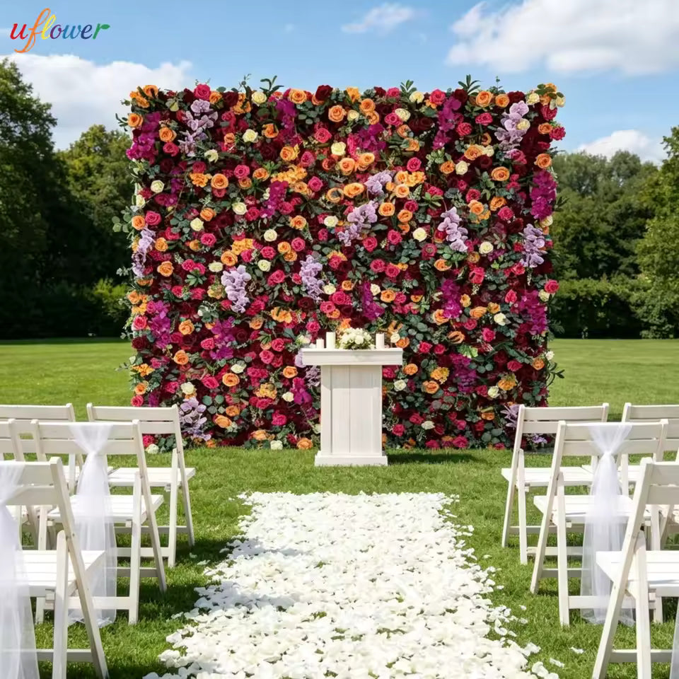 Outdoor Artificial Flower Wedding Backdrop Wall Luxury Corlorful Roses Green Plants Flora Wall for Wedding Birthday Party Decor