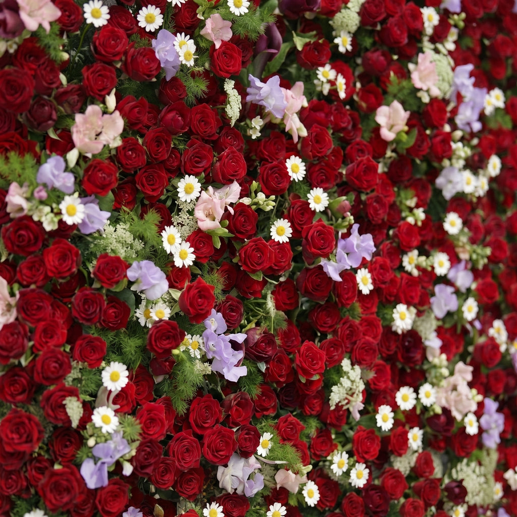 Sabbelle: Luxury 4D Ruby Red Rose Silk Floral Wall Backdrop with White Daisy & Lavender Accents for Romantic Weddings Free Shipping