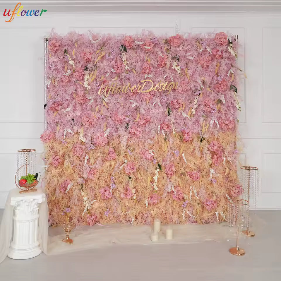 Uflower Wedding Backdrop Decor Reed Pampas Grass Pink Feather Cloth Artificial Flower Wall Fabric Plant Wall Party Layout Props