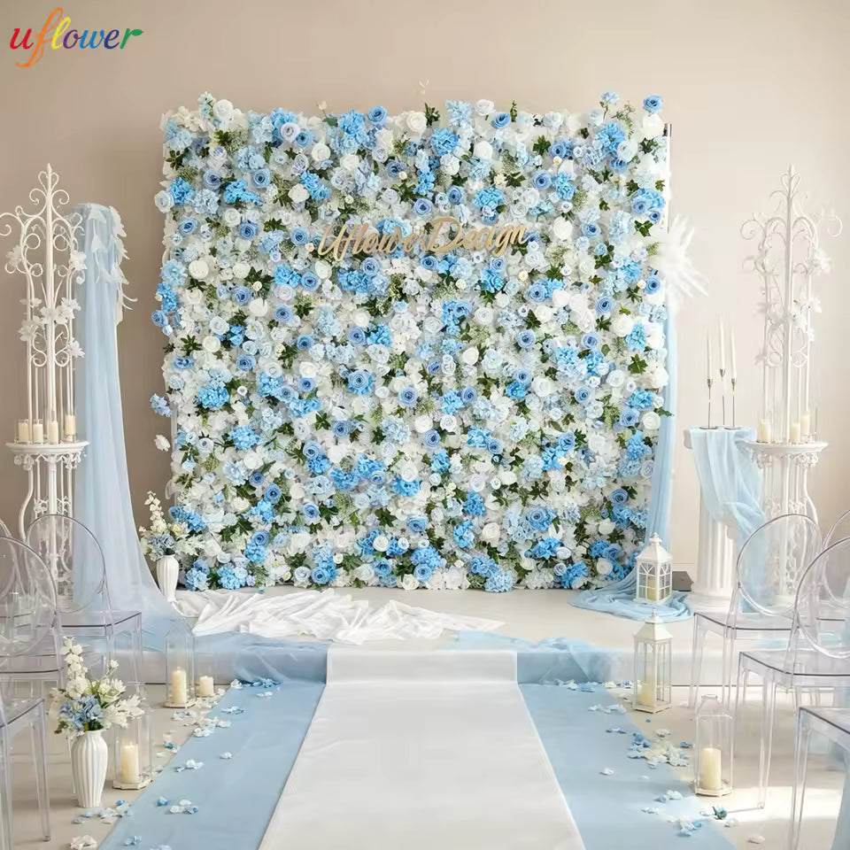 Uflower Blue White Rose Peony Hydrangea Silk Artificial Flower Wall Party Props Custom Wedding Backdrop Decor Window Display