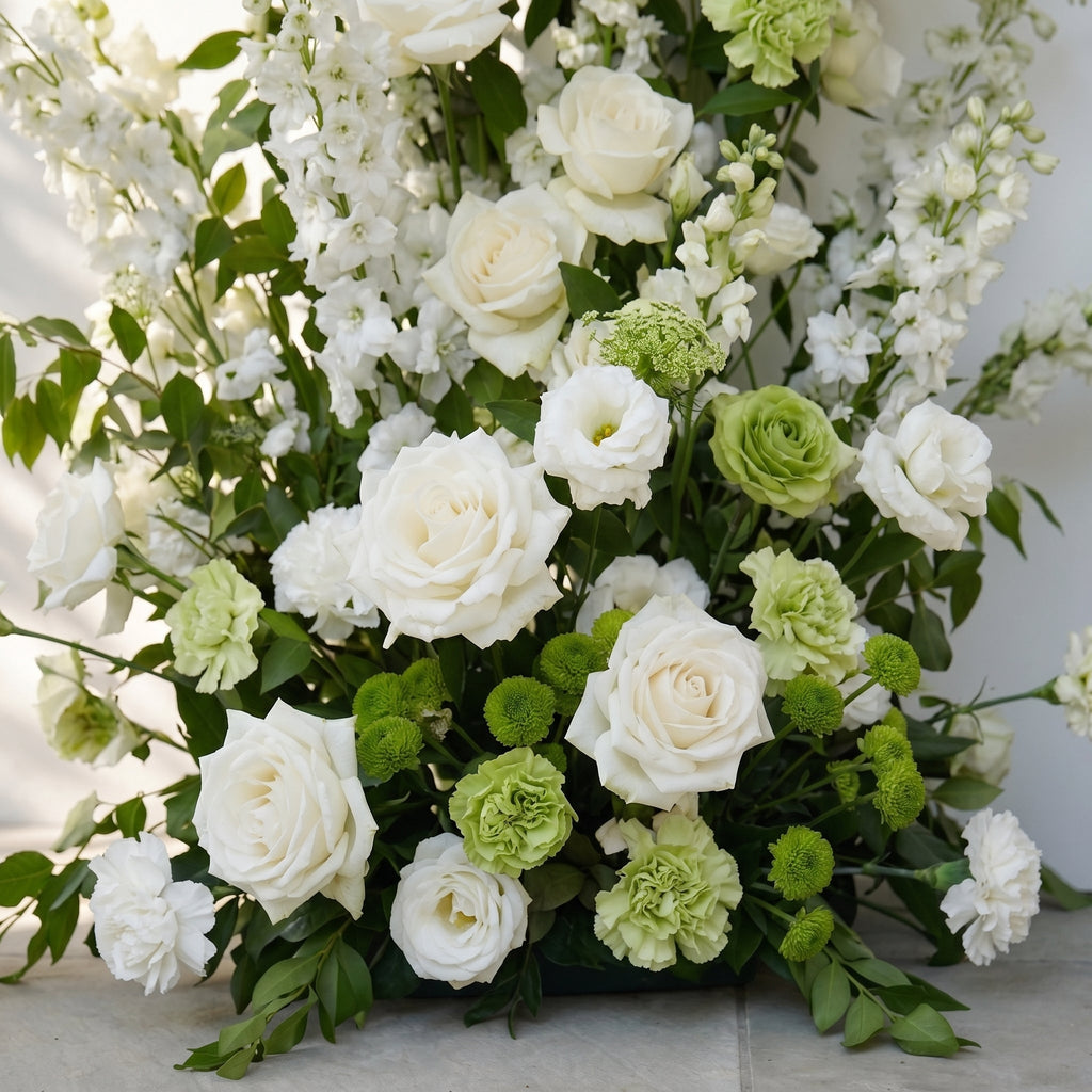 Odelia: White Green Rose Calla Lily Wedding Background Arch (Flowers Only - Frame Not Included) + Clam Long strip flower Runner | Ceremony & Event Decor