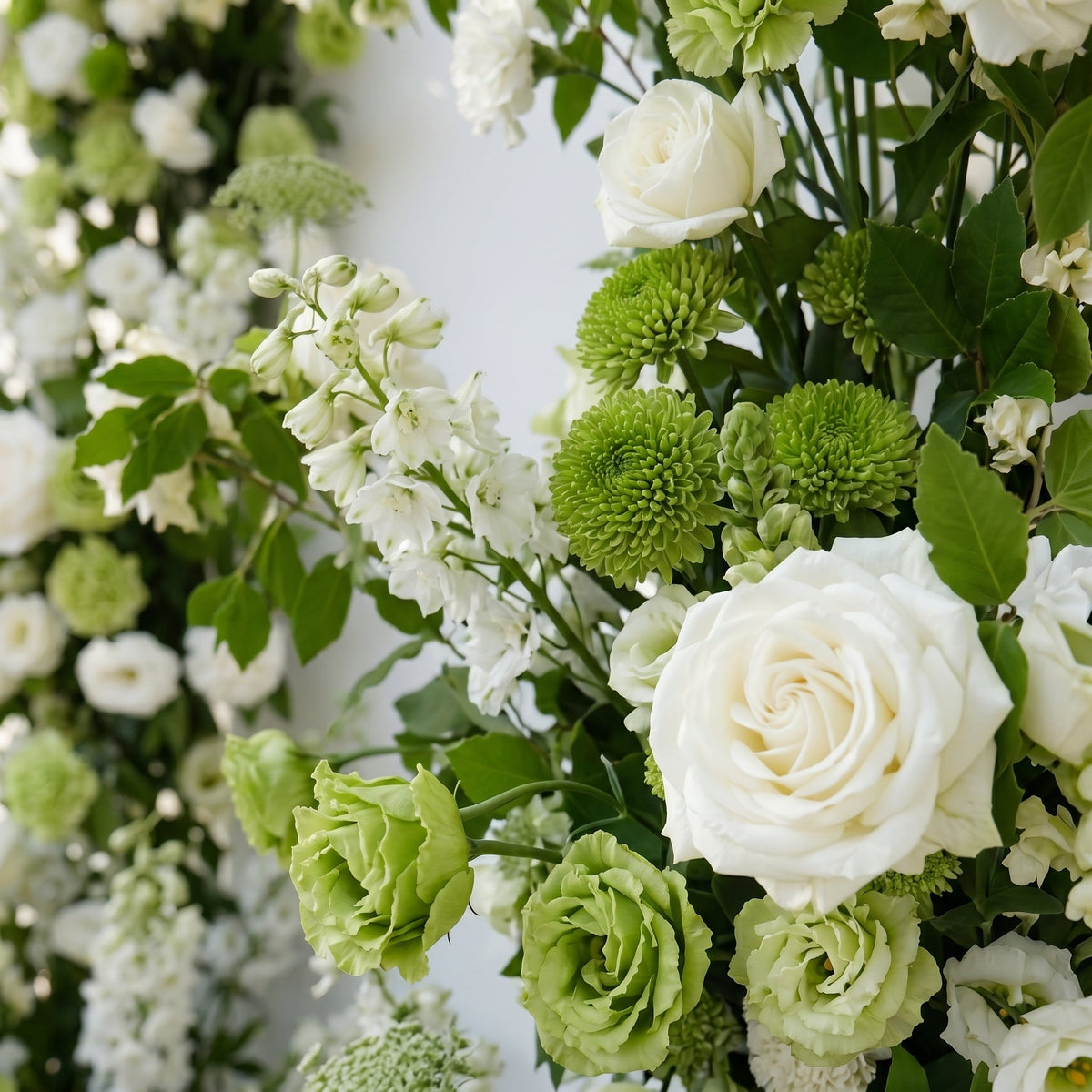 Odelia: White Green Rose Calla Lily Wedding Background Arch (Flowers Only - Frame Not Included) + Clam Long strip flower Runner | Ceremony & Event Decor