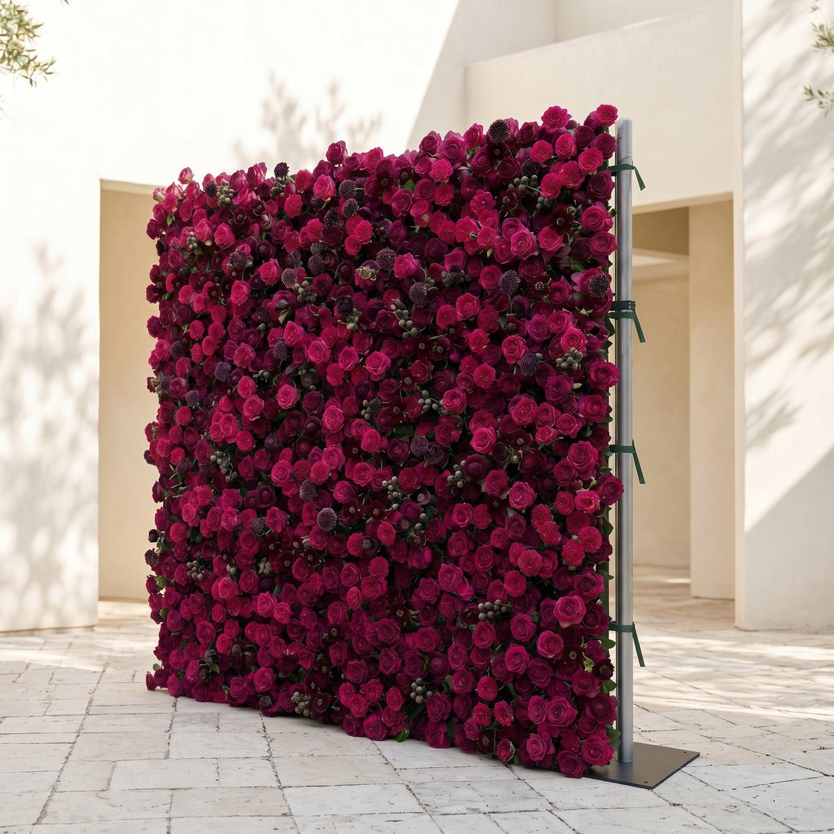 Soliva: Luxury 4D Deep Berry & Magenta Silk Floral Wall Backdrop for Sophisticated Moody Weddings & Galas Free Shipping