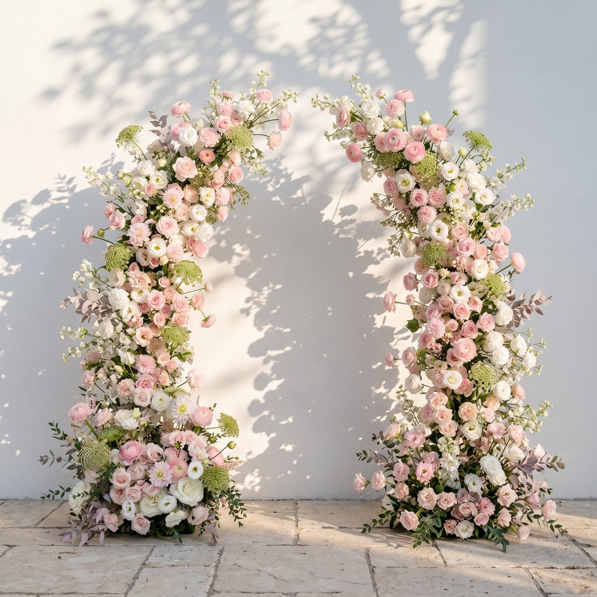 Sorelia: Luxury Blush Pink, Ivory White & Soft Sorelia Silk Floral Ground Horn Arch Arrangement with Lush Cascading Greenery for Romantic Minimalist Weddings & Garden Event Decor Frame Included