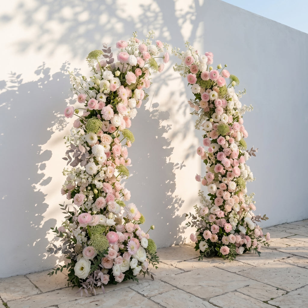 Sorelia: Luxury Blush Pink, Ivory White & Soft Sorelia Silk Floral Ground Horn Arch Arrangement with Lush Cascading Greenery for Romantic Minimalist Weddings & Garden Event Decor Frame Included