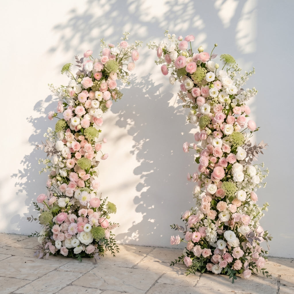 Sorelia: Luxury Blush Pink, Ivory White & Soft Sorelia Silk Floral Ground Horn Arch Arrangement with Lush Cascading Greenery for Romantic Minimalist Weddings & Garden Event Decor Frame Included