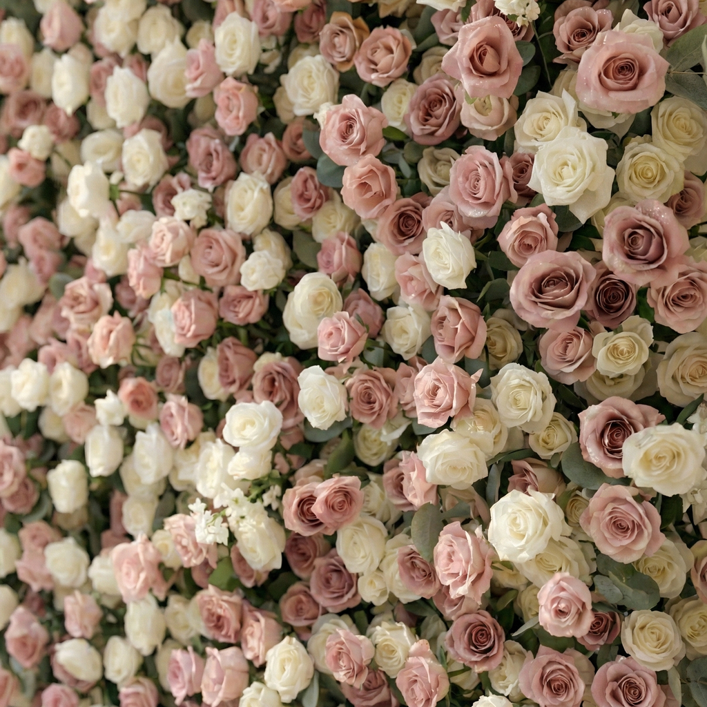 Thaliah: 5D Elegant Dusty Rose & Cream Silk Rose Flower Wall Roll-Up Fabric Backdrop for Luxury Weddings & Events Free Shipping