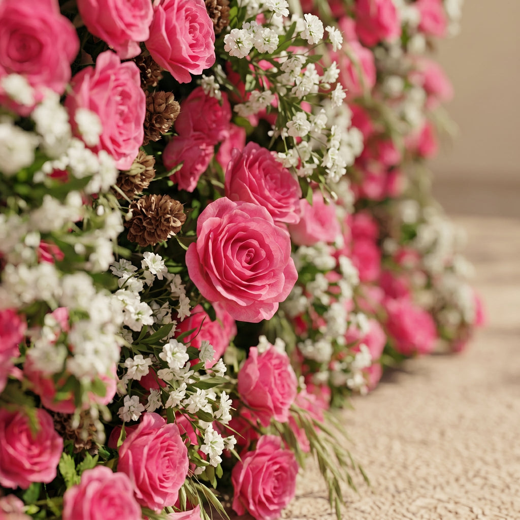 Velsora:5D Hot Pink & Ivory White Silk Rose Flower Wall Roll-Up Fabric Backdrop for Romantic Weddings & Proposals Free Shipping