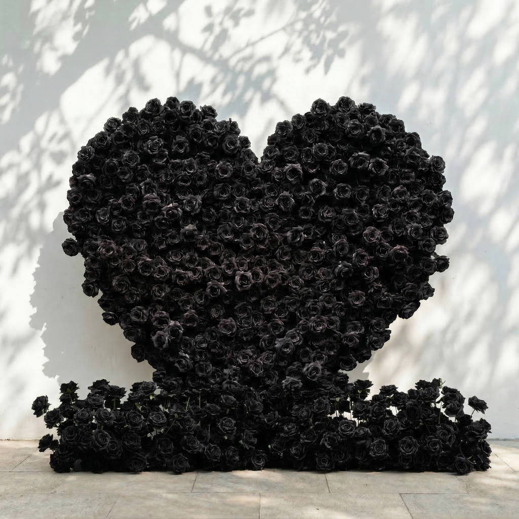 Xelune: 3D Mysterious All-Black Heart-Shaped Artificial Floral Backdrop for Luxury Photo Booth & Events Free Shipping