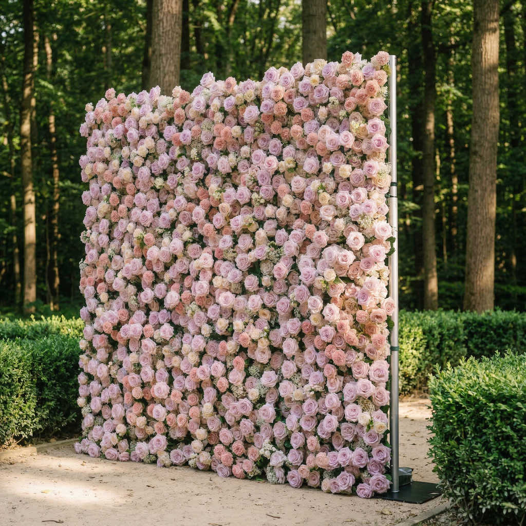 Yavelle: 5D Soft Pink & Light Lavender Silk Rose Flower Wall Roll-Up Fabric Backdrop for Elegant Weddings Free Shipping