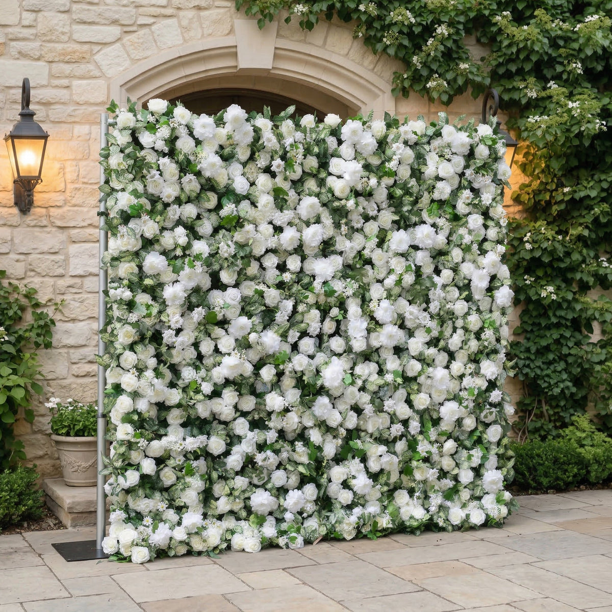 Zirel: 3D Timeless White Flower Wall with Greenery Roll-Up Fabric Backdrop for Luxury Events & Garden Wedding Decor | Wedding & Celebration Collection | Free Shipping