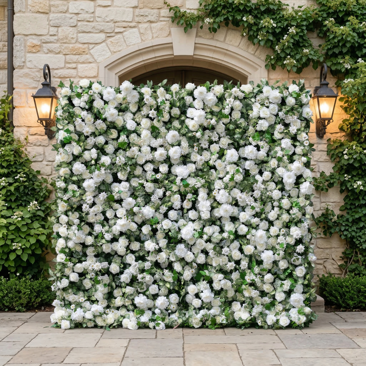 Zirel: 3D Timeless White Flower Wall with Greenery Roll-Up Fabric Backdrop for Luxury Events & Garden Wedding Decor | Wedding & Celebration Collection | Free Shipping