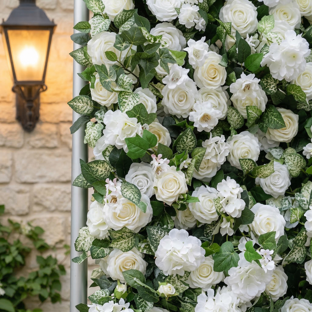 Zirel: 3D Timeless White Flower Wall with Greenery Roll-Up Fabric Backdrop for Luxury Events & Garden Wedding Decor | Wedding & Celebration Collection | Free Shipping