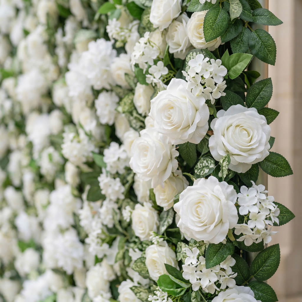 Zirel: 3D Timeless White Flower Wall with Greenery Roll-Up Fabric Backdrop for Luxury Events & Garden Wedding Decor | Wedding & Celebration Collection | Free Shipping