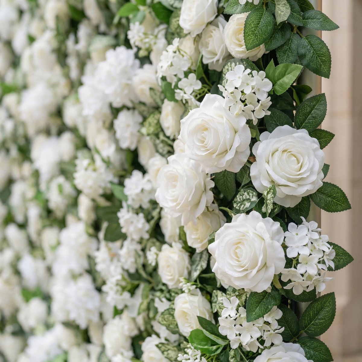 Zirel: 3D Timeless White Flower Wall with Greenery Roll-Up Fabric Backdrop for Luxury Events & Garden Wedding Decor | Wedding & Celebration Collection | Free Shipping