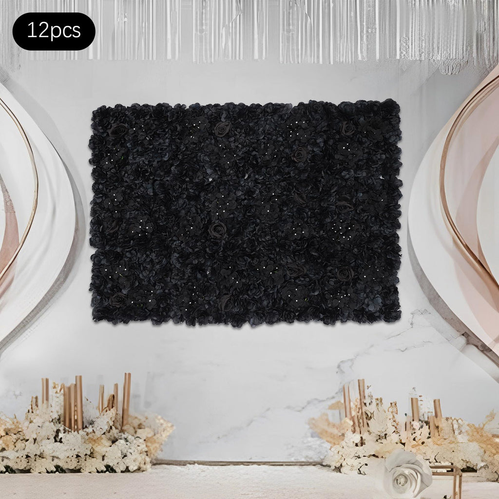 12pcs PRIMEGAE Artificial Flower Wall Panels with Dahlia Rose Hydrangea Panels - 24in Black Suitable for, Wedding, Party Backdrop, Plastic Flower Panels for Decoration, Installation (No Maintenance Required)