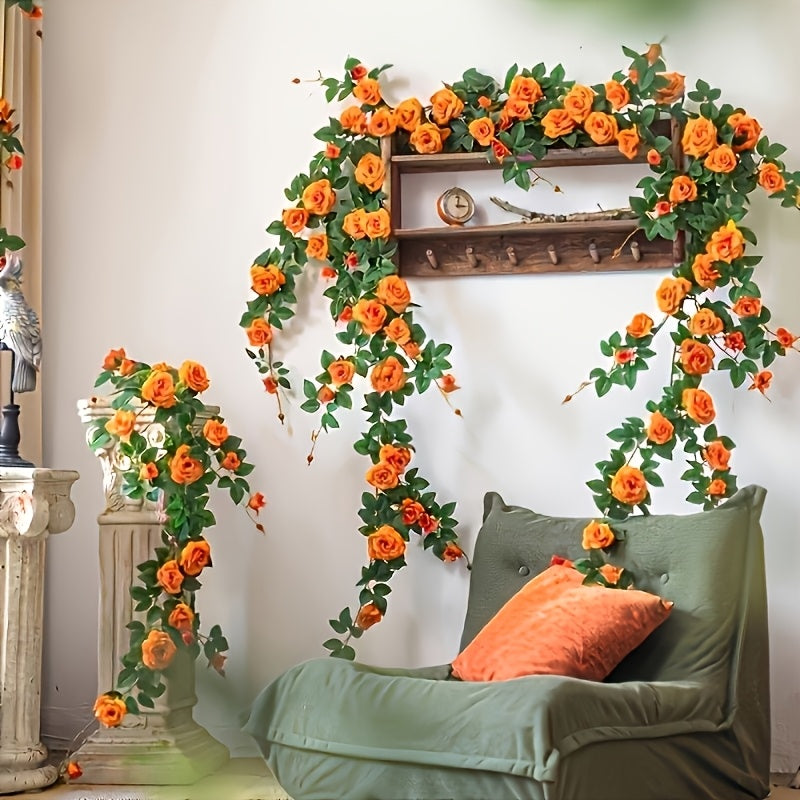 3pcs Outdoor Artificial Mini Tea Rose Fake Flower Vine, Air Conditioner Pipe Cover Decorative Vine, Wall Wire Concealer Wall-Mounted Green Plant Flower Wall Landscape Plastic Plant, Suitable for Christmas, Thanksgiving, Valentine's Day