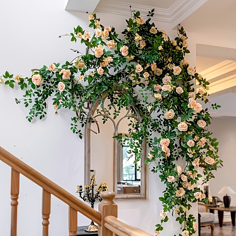 3pcs Outdoor Artificial Mini Tea Rose Fake Flower Vine, Air Conditioner Pipe Cover Decorative Vine, Wall Wire Concealer Wall-Mounted Green Plant Flower Wall Landscape Plastic Plant, Suitable for Christmas, Thanksgiving, Valentine's Day