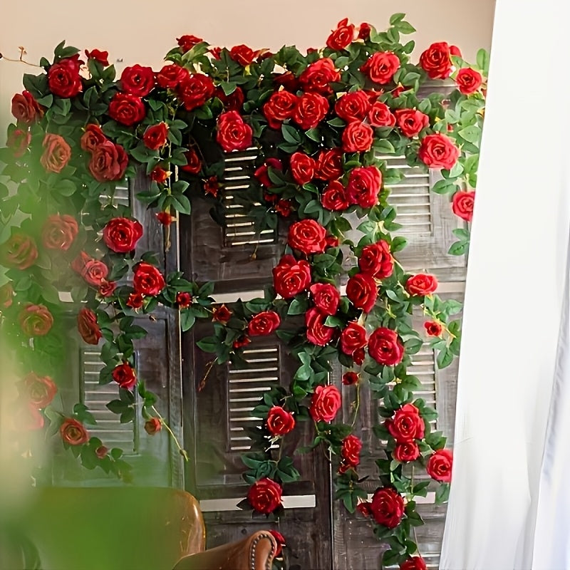 3pcs Outdoor Artificial Mini Tea Rose Fake Flower Vine, Air Conditioner Pipe Cover Decorative Vine, Wall Wire Concealer Wall-Mounted Green Plant Flower Wall Landscape Plastic Plant, Suitable for Christmas, Thanksgiving, Valentine's Day