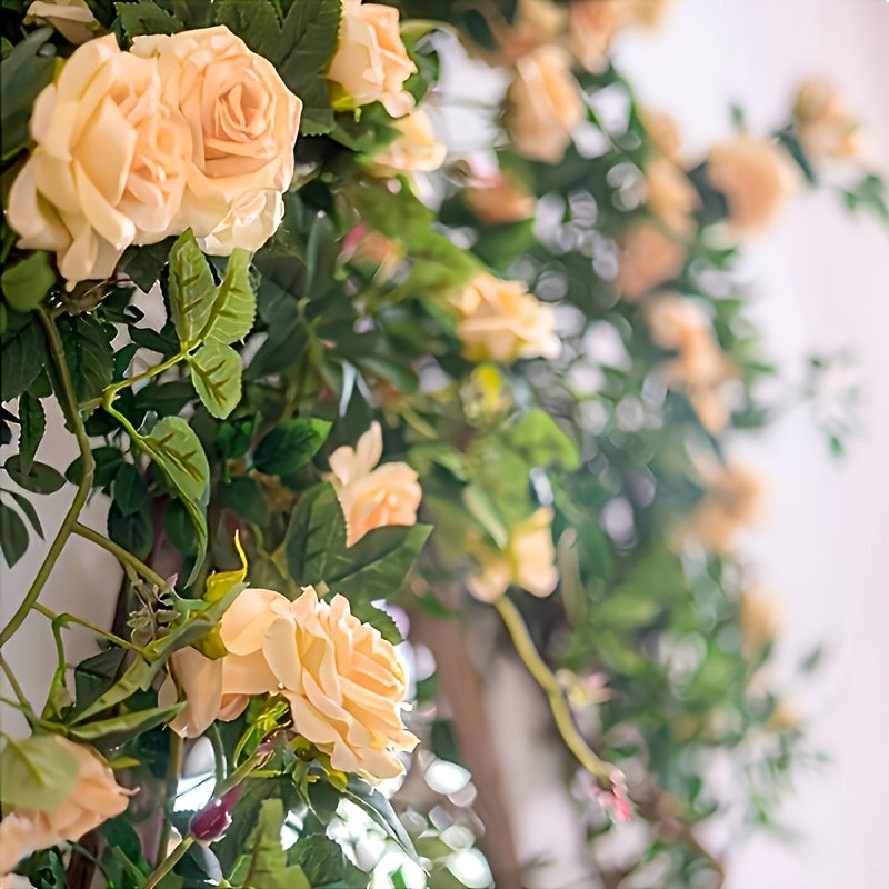 3pcs Outdoor Artificial Mini Tea Rose Fake Flower Vine, Air Conditioner Pipe Cover Decorative Vine, Wall Wire Concealer Wall-Mounted Green Plant Flower Wall Landscape Plastic Plant, Suitable for Christmas, Thanksgiving, Valentine's Day
