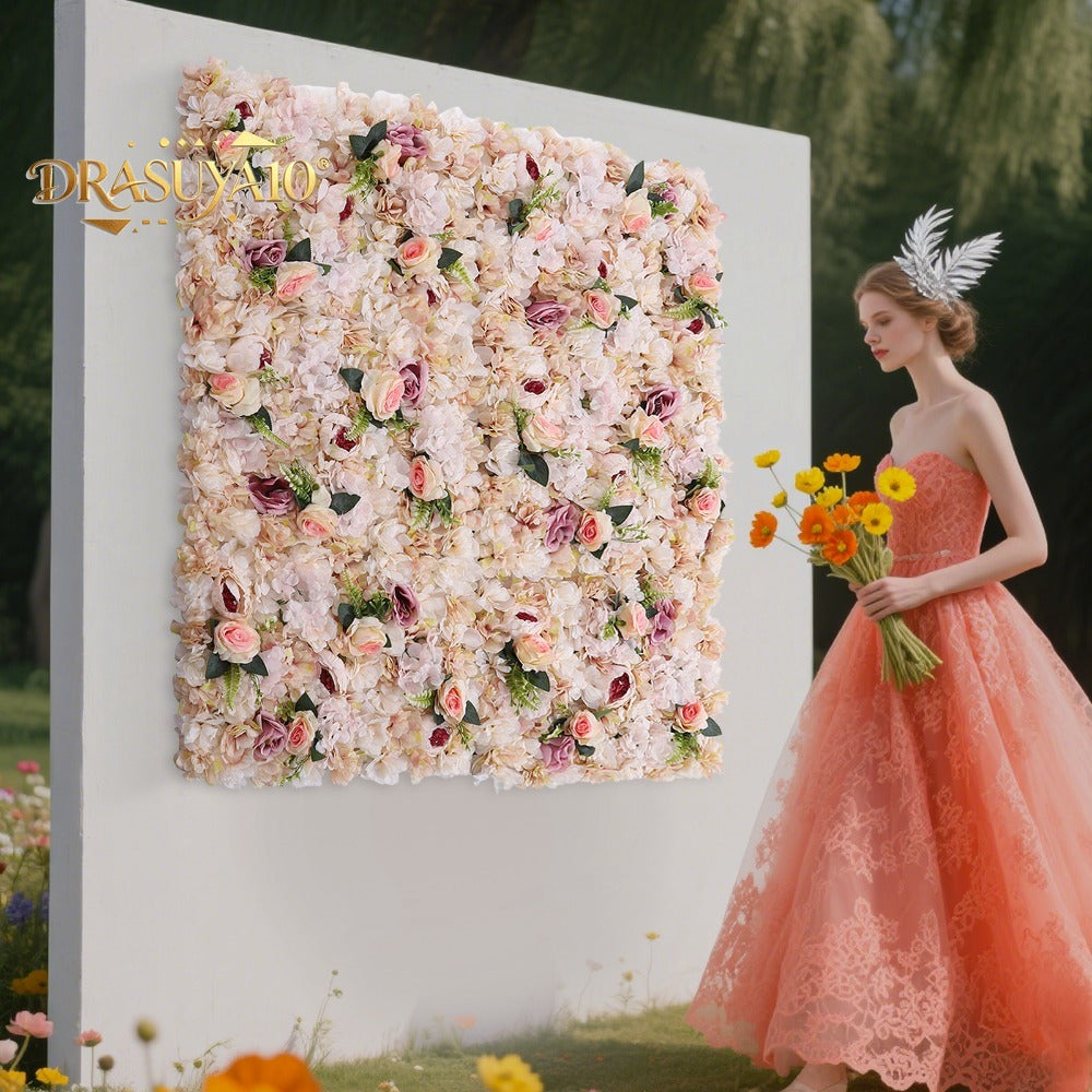 Flower Wall, Artificial Flowers, 6pcs Champagne Pink And Autumn Yellow Peony Rose Wall, Rich Layered Floral Layout, Cuttable Design, Romantic Blessing Meaning, for Wedding Backdrop Party Scene Decoration