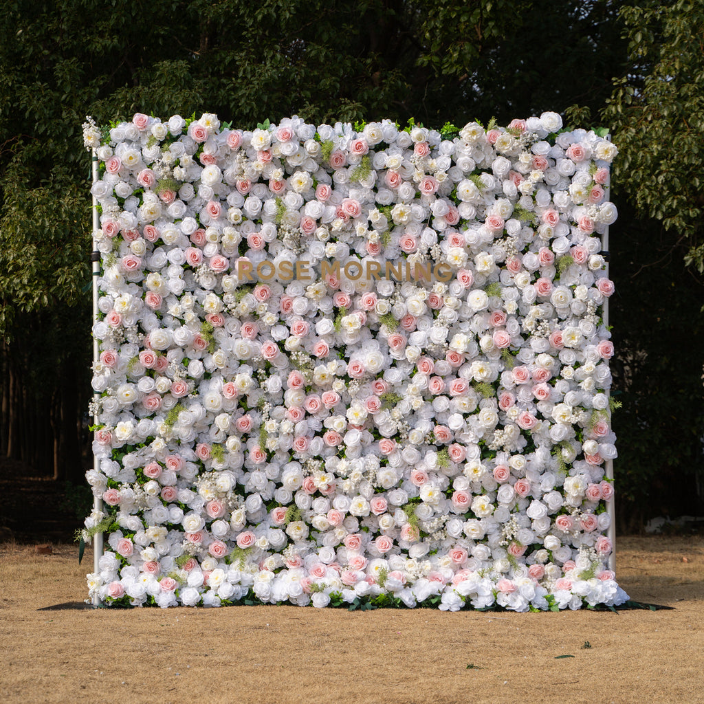 Céline: 3D Elegant White & Blush Pink Silk Rose Flower Wall Roll-Up Fabric Backdrop for Luxury Weddings & Events(In Us Stock & Shipping 5-7 Days) Free Shipping