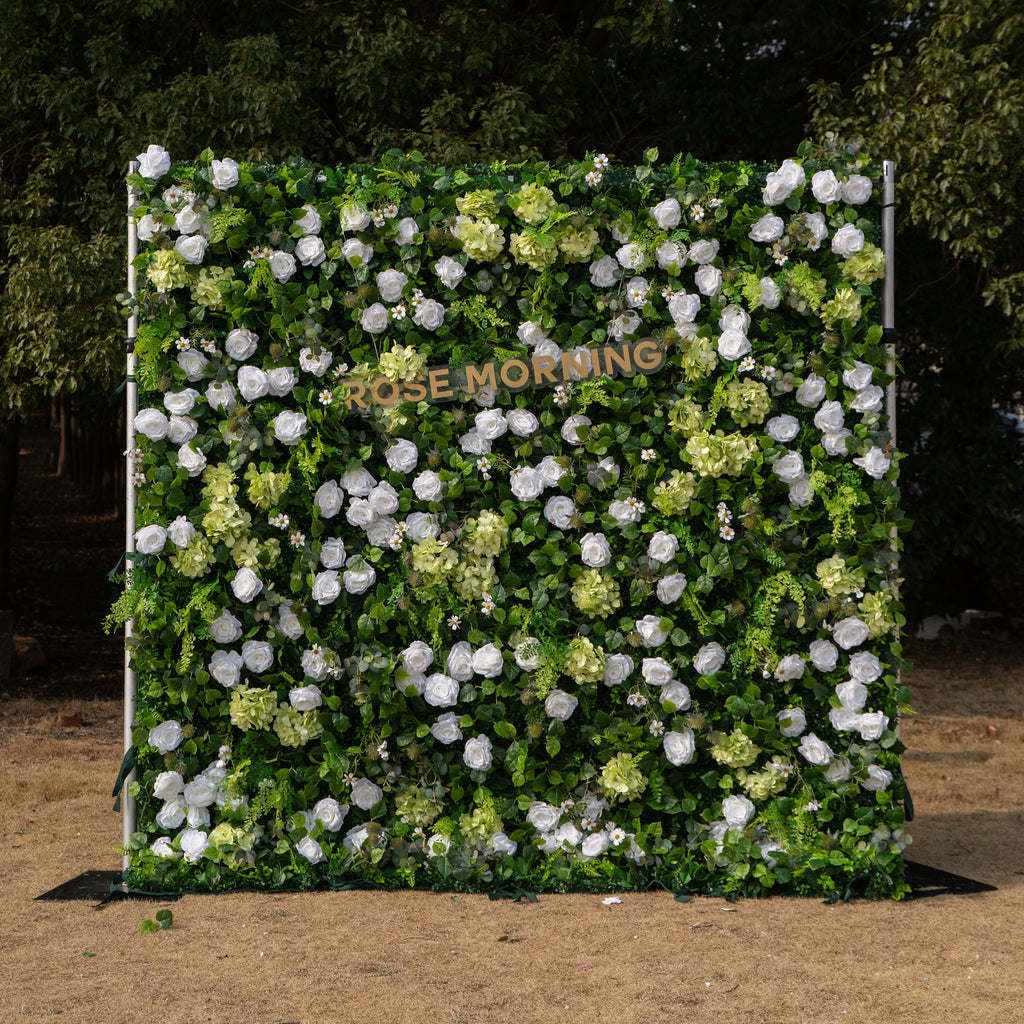 Cressida: 3D Elegant White Silk Rose & Greenery Foliage Wall Roll-Up Fabric Backdrop for Luxury Weddings, Parties & Botanical Decor Free Shipping